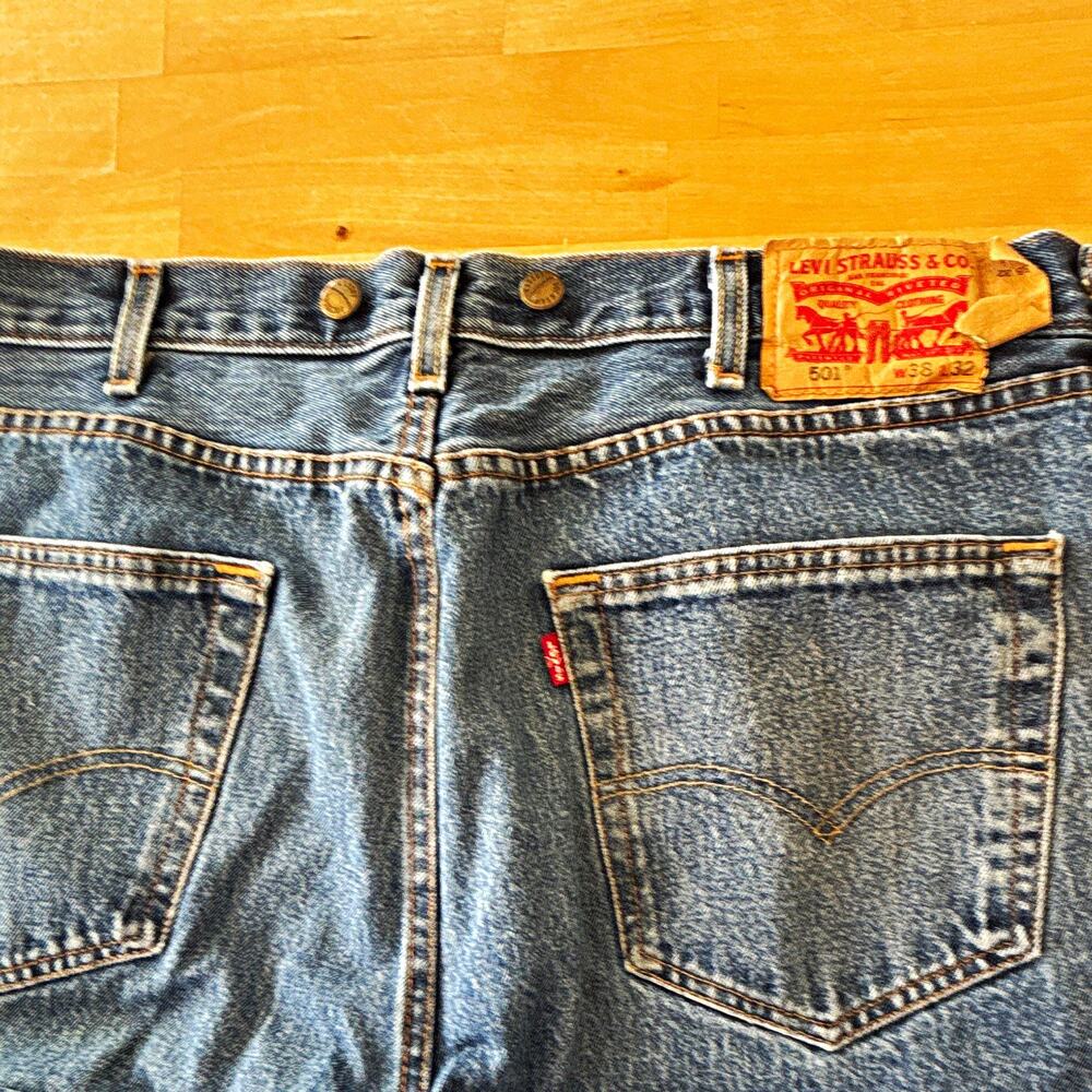 38/32 Levi's 501 jeans outfitted with heavy-duty Bucksaw logger buttons
